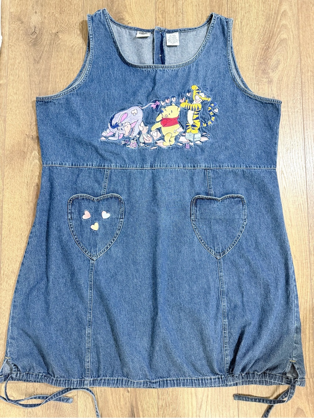 Disney Catalog Winnie the Pooh Denim Jumper Dress 2X Vintage 90s Heart Pockets